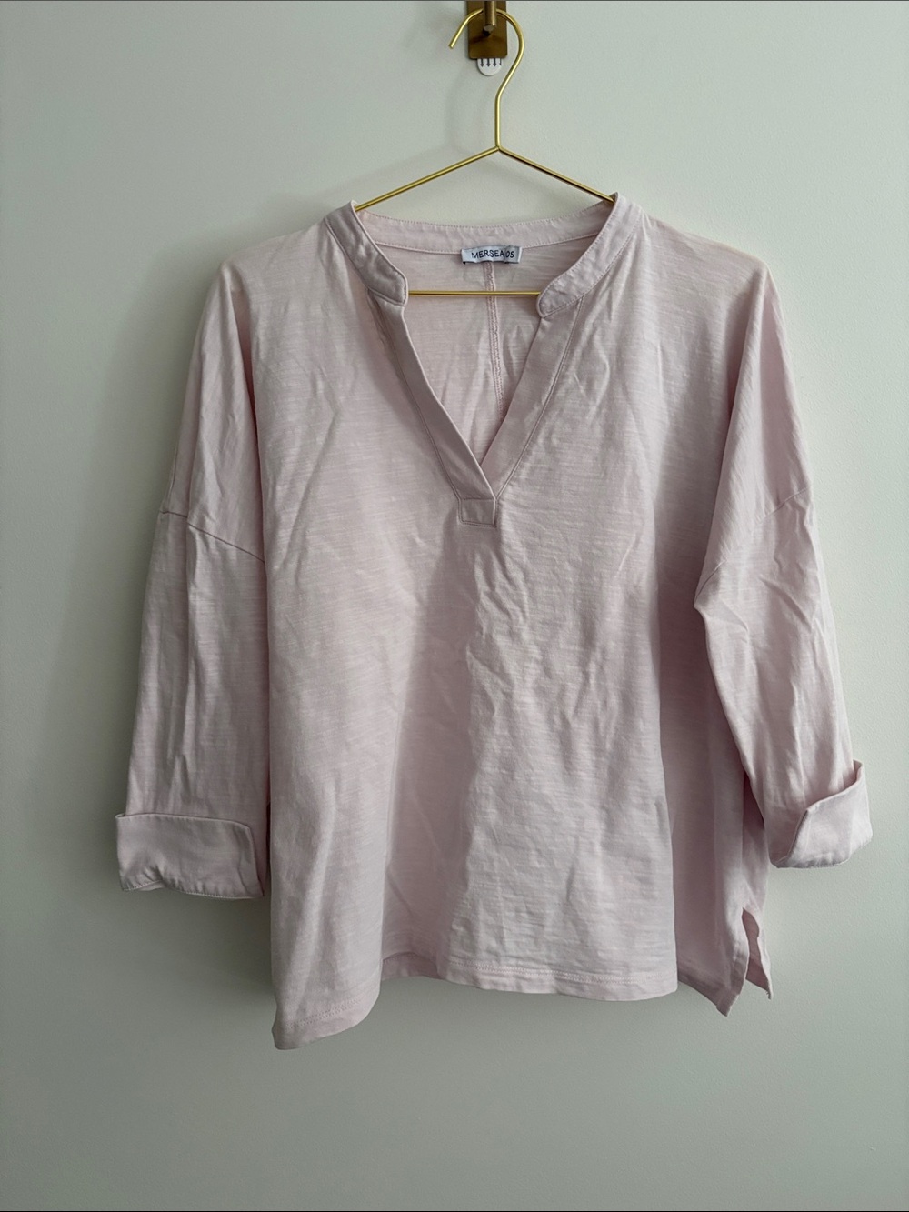 MerSea Amelia Cuff Tea Rose Top in Light Pink Cotton Split Neck Casual Size OS